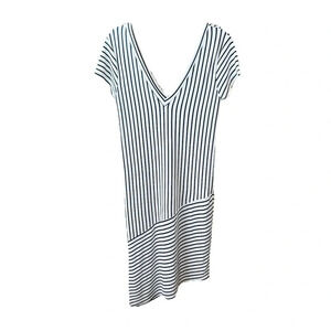 Zara asymmetrical deep v-neck stretch midi dress SZ M black white stripe